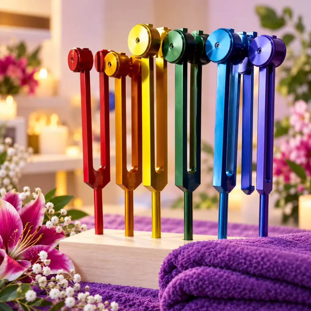 Conjunto de diapasones con pesas de distintos colores colocados sobre un soporte de madera.