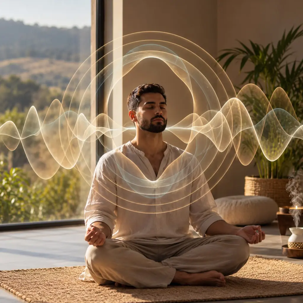Ilustración de un hombre meditando junto a una ventana, rodeado de ondas luminosas que representan el sonido.