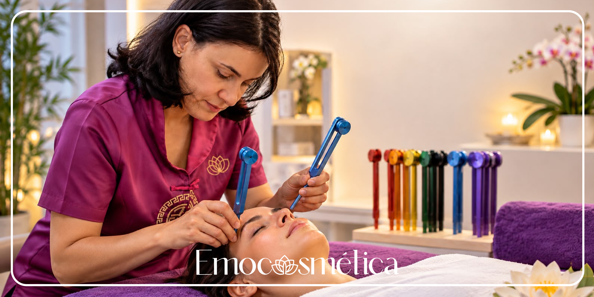 Profesional realizando sonoterapia con diapasones junto al rostro de una mujer tumbada en una camilla.