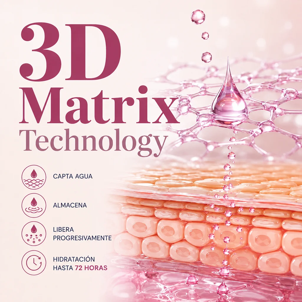 Tecnología 3D Matrix capaz de captar agua, almacenarla y liberarla progresivamente sobre la piel.