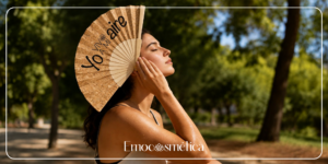 Mujer abanicándose para mantener la piel del rostro fresca y protegida del calor durante el verano.