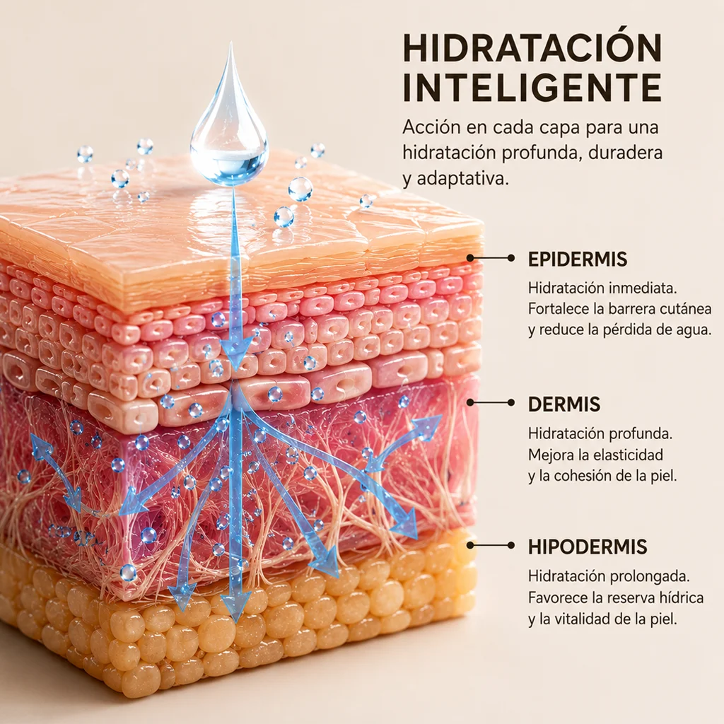 Esquema de la Hidratación Inteligente actuando sobre epidermis, dermis e hipodermis.