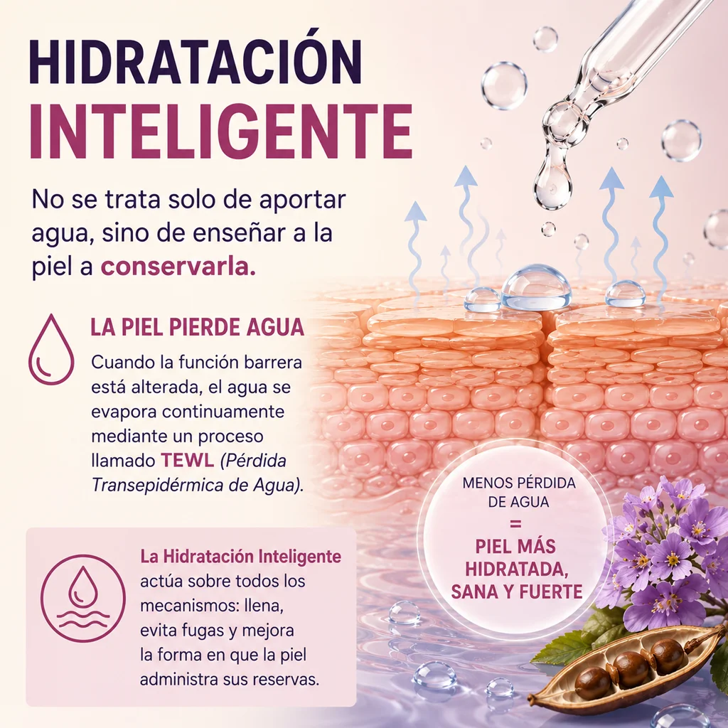 Infografía sobre la pérdida transepidérmica de agua (TEWL) y cómo la Hidratación Inteligente ayuda a reducirla.
