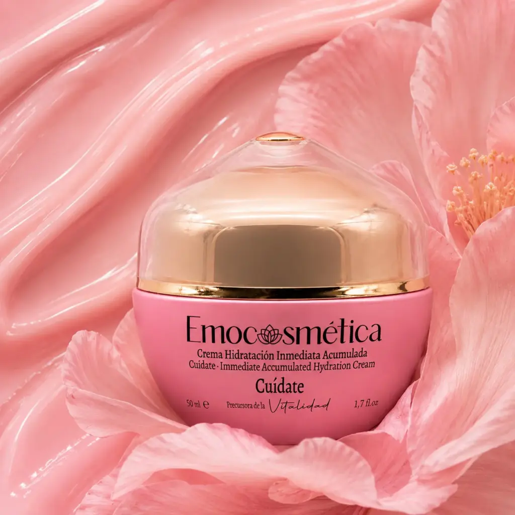 Crema Cuídate de Emocosmética en envase rosa asociada a la experiencia sensorial y emocional
