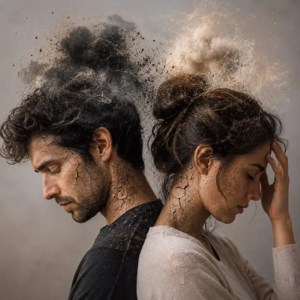 Mujer y hombre con signos simbólicos de estrés emocional reflejados en la piel