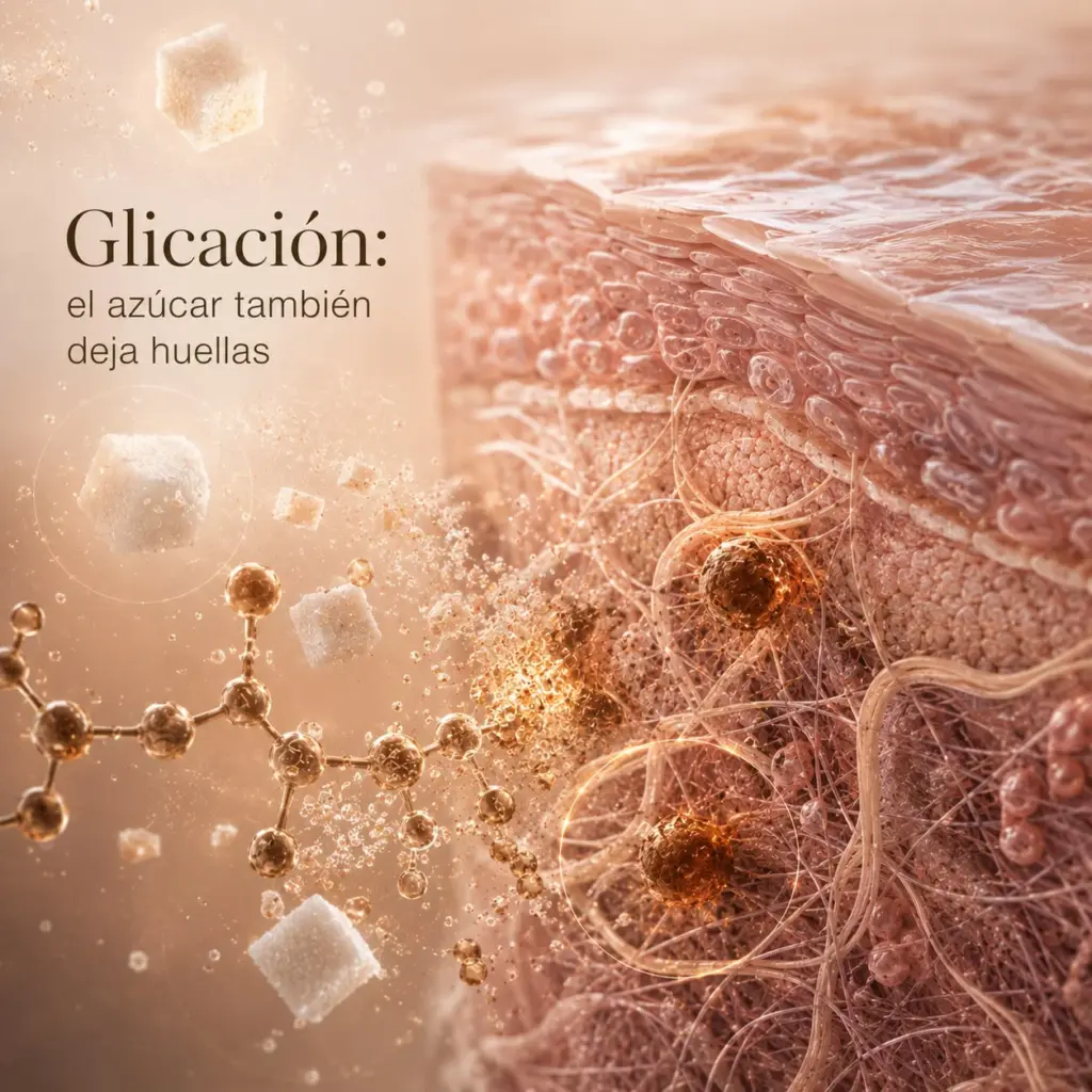 Glicación del colágeno causada por la unión de azúcares a las proteínas de la piel