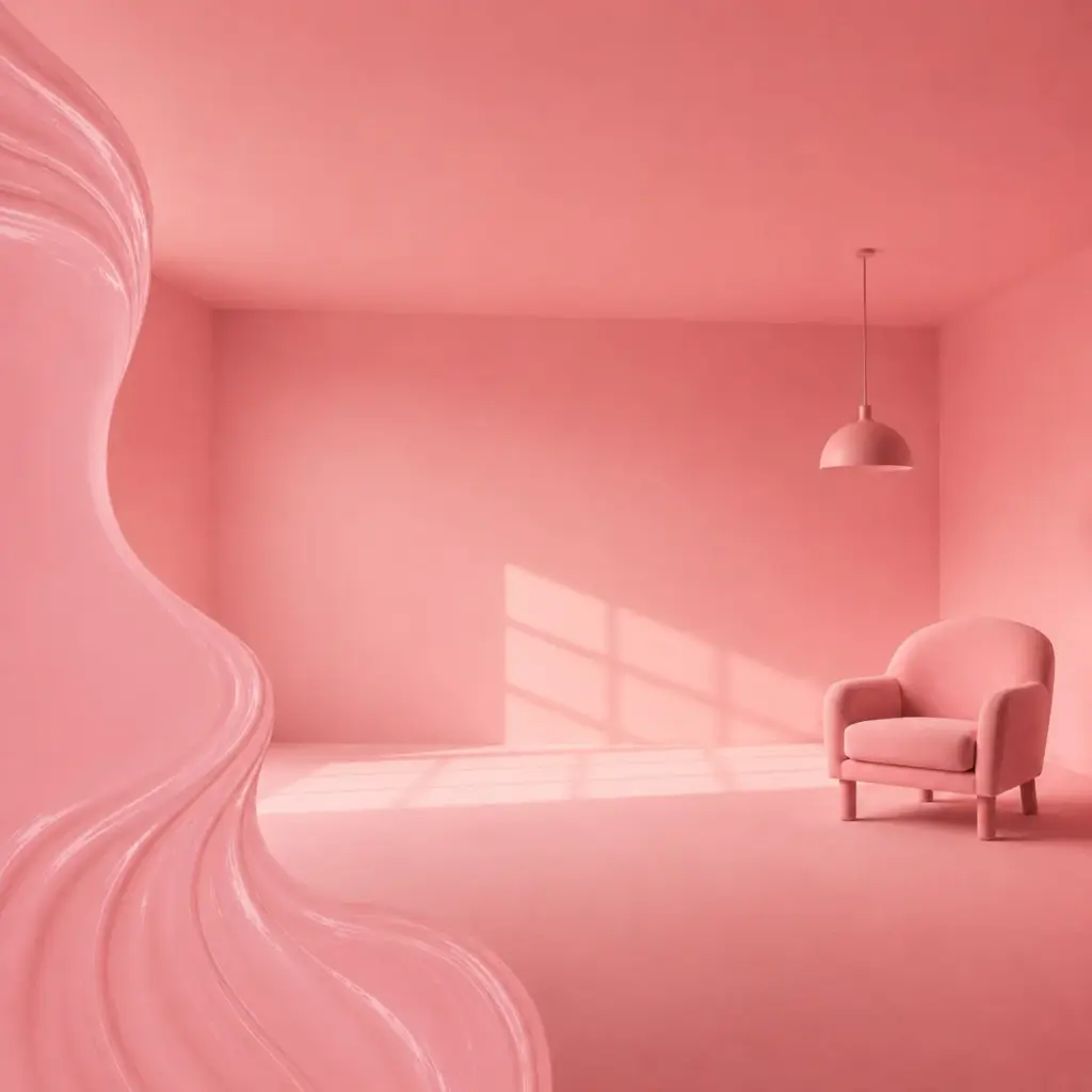 Habitación rosa minimalista que representa la percepción del espacio y la influencia emocional del color rosa