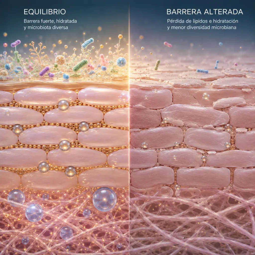 Comparación entre barrera cutánea equilibrada y barrera alterada con pérdida de lípidos e hidratación