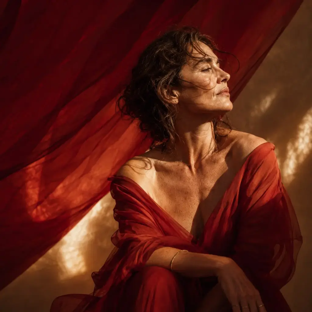 Mujer serena entre telas rojas representando valentía y belleza emocional
