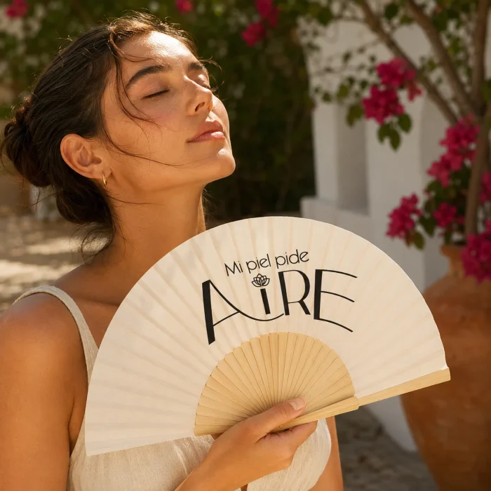 Mujer refrescándose en verano con un abanico que lleva el mensaje «Mi piel pide aire»