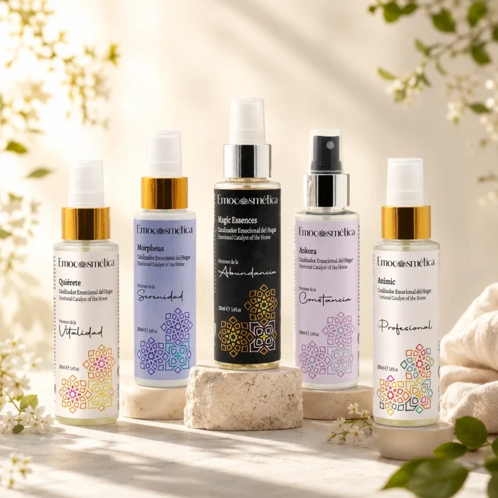 Colección de Catalizadores Emocionales de Emocosmética sobre fondo delicado, luminoso y natural