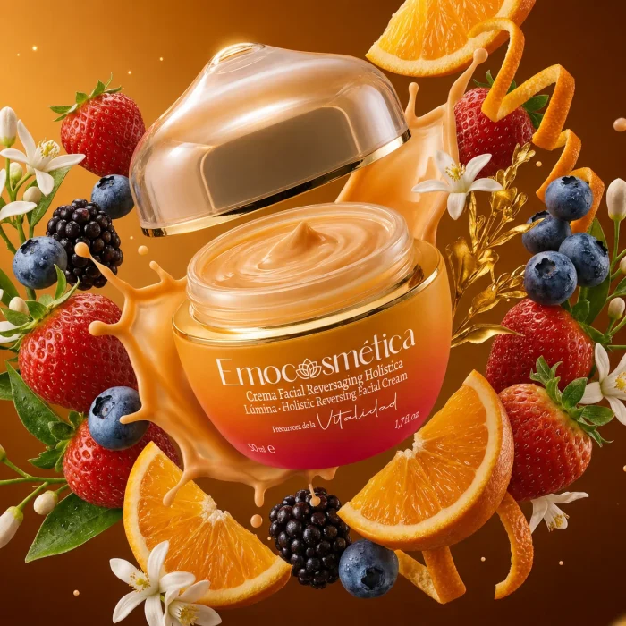 Crema facial Lúmina de Emocosmética rodeada de frutas, flores y destellos de vitalidad